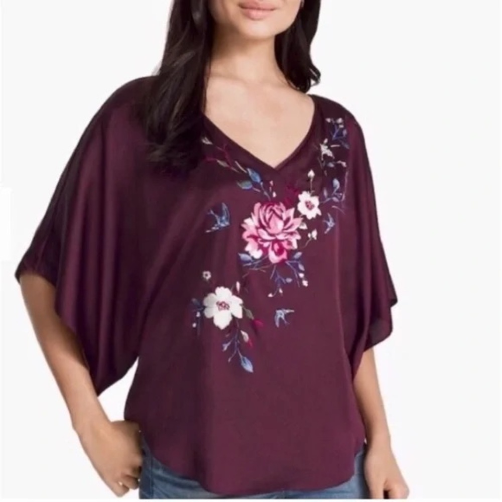 NWOT White House Black Market Burgundy Embroidered Dolman Sleeve Kimono Blouse